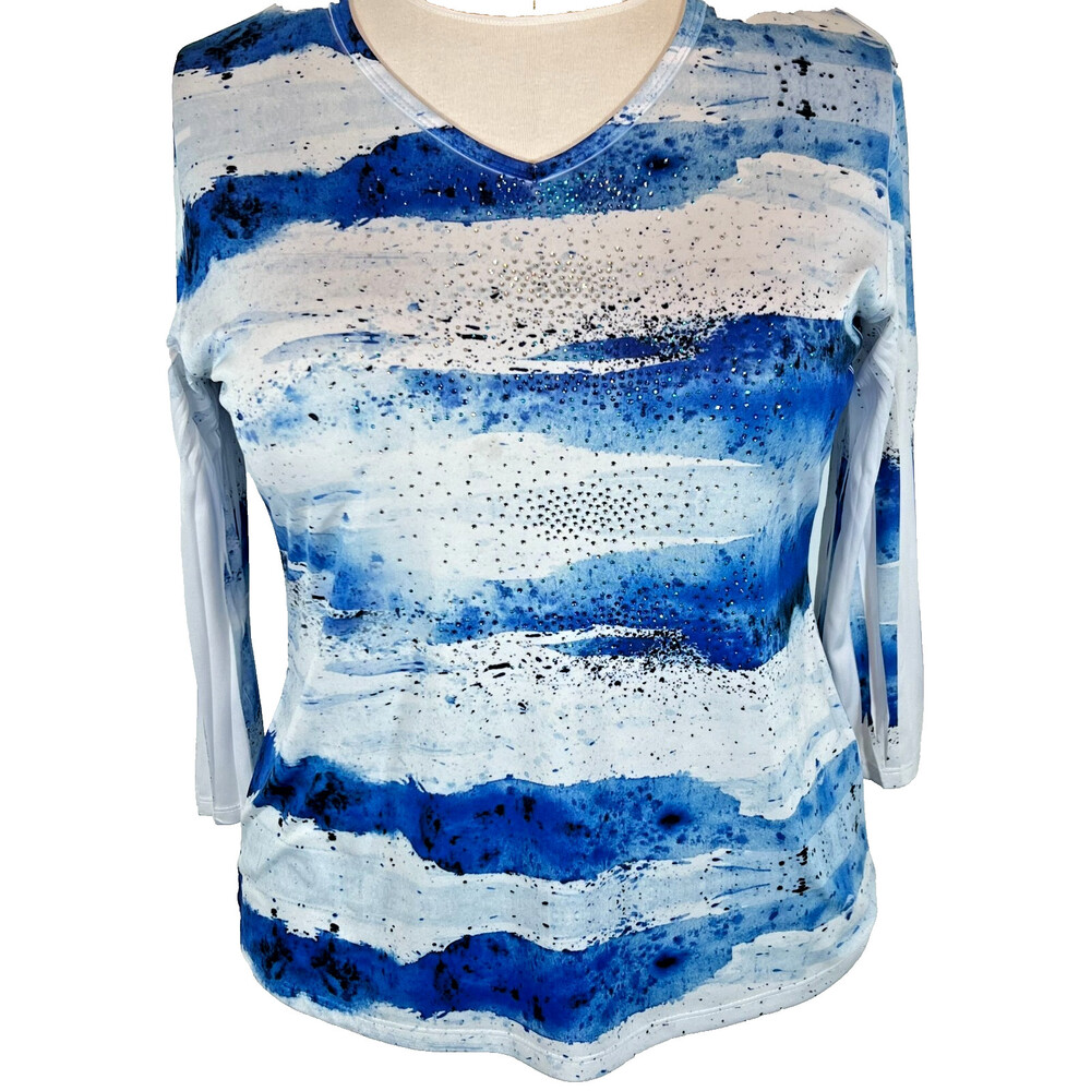 Jess & Jane - Womens L Blouse 3/4 Sleeve Beaded V-Neck Watercolor Fits to 1X
